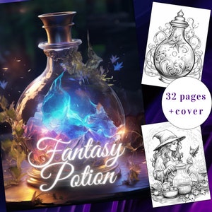 32 Fantasy Potion Coloring Page, Fantasy Coloring, Poison Coloring Book, Adults + kids Instant Download, Magic Coloring, Printable PDF