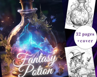 May include: A colouring book with 32 pages plus a cover featuring a fantasy potion in a glass bottle with a gold lid. The potion is a swirling blue and white colour. The cover also features the text "Fantasy Potion".