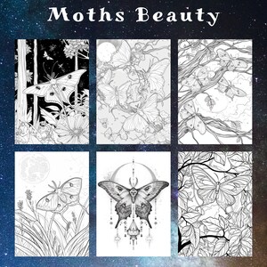 May include: A set of six black and white illustrations featuring moths. The illustrations are in a variety of styles, including realistic, stylized, and abstract. The moths are depicted in various poses, including flying, resting, and perched on branches. The illustrations are perfect for coloring books, wall art, or other creative projects.