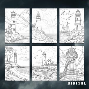 Puede incluir: Seis dibujos en blanco y negro de faros en la costa. Cada faro es &uacute;nico y tiene un dise&ntilde;o diferente. Los dibujos son simples y elegantes, y ser&iacute;an perfectos para colorear.