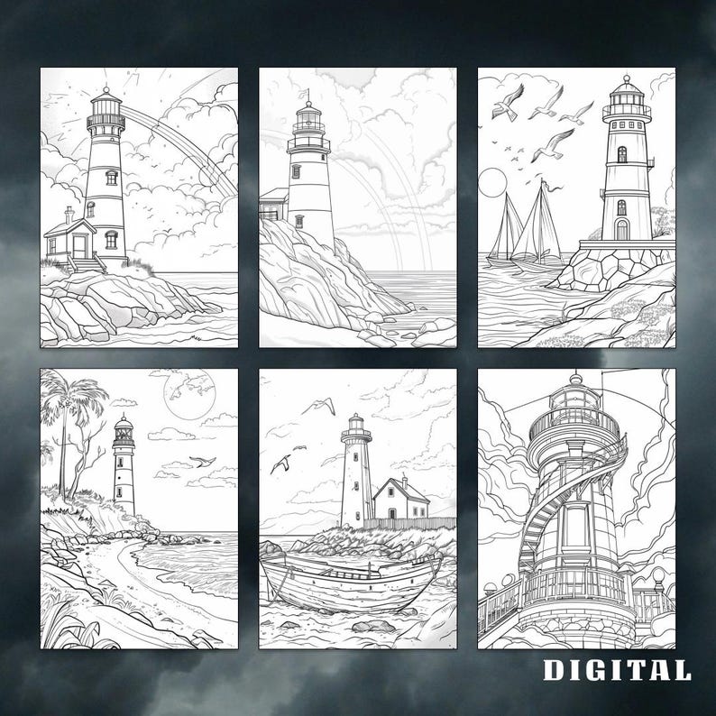 Puede incluir: Seis dibujos en blanco y negro de faros en la costa. Cada faro es &uacute;nico y tiene un dise&ntilde;o diferente. Los dibujos son simples y elegantes, y ser&iacute;an perfectos para colorear.