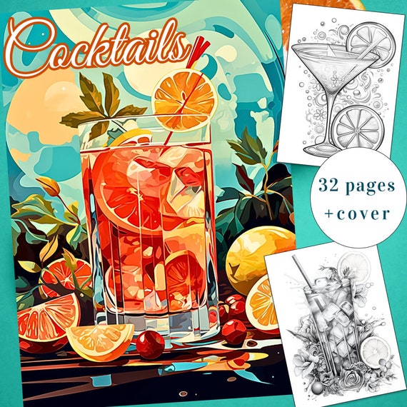 32 Cocktails Coloring Page, Cocktail Party Coloring, Drinks Coloring Book, Adults + kids Instant Download, Beverage Coloring, Printable PDF
