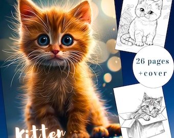 26 Kitten Coloring Page, Cats Coloring Book, Cute Kitten Coloring Book, Adults + kids Instant Download, Cute Cat Coloring, Printable PDF