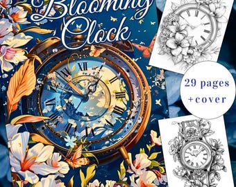 29 Blooming Clock Coloring Page, Clock Coloring, Flowers Coloring Book, Adults + kids Instant Download, Floral Clock Coloring, Printable PDF