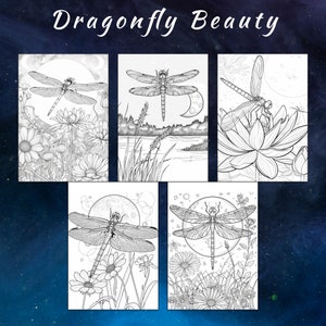 May include: Four black and white coloring pages featuring dragonfly illustrations. Each page has a different background scene, including flowers, a moon, and a lake.