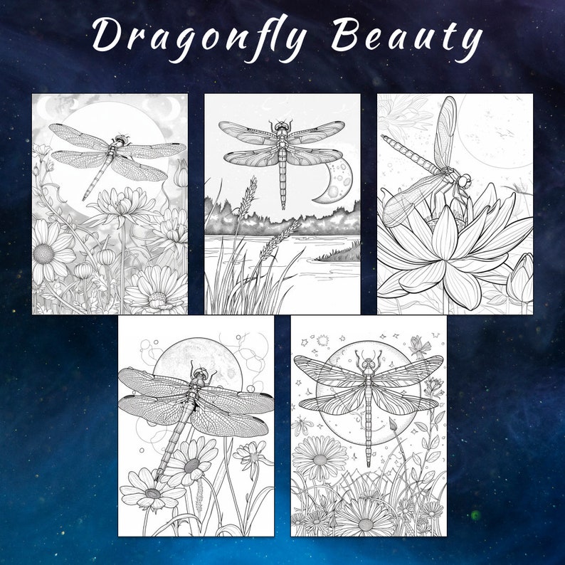 May include: Four black and white coloring pages featuring dragonfly illustrations. Each page has a different background scene, including flowers, a moon, and a lake.