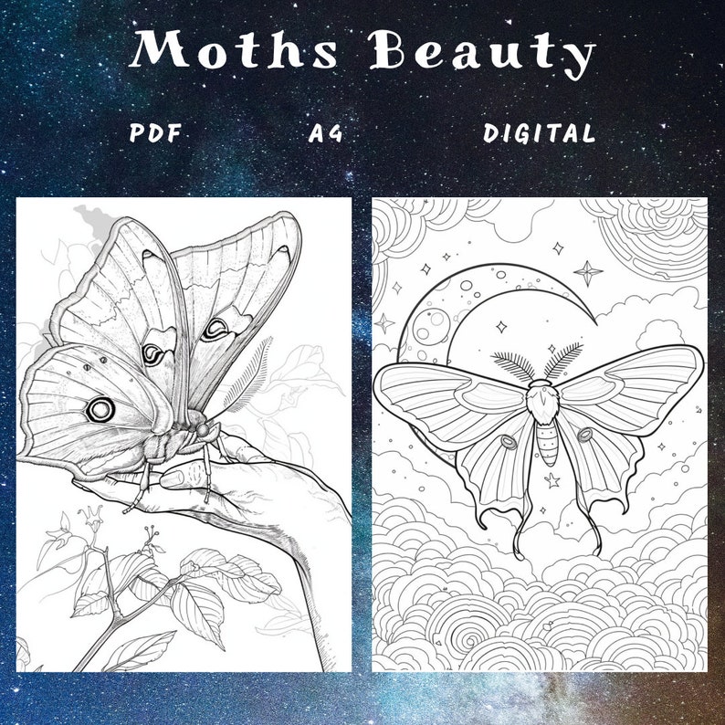 May include: Two black and white line drawings of moths. The first moth is on a hand with leaves. The second moth is flying in front of a crescent moon and stars.