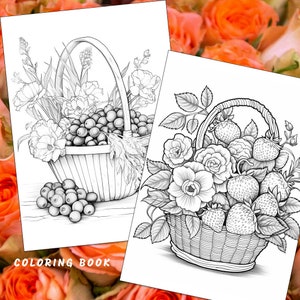 Puede incluir: Dos dibujos en blanco y negro de cestas llenas de frutas y flores. La primera cesta est&aacute; llena de bayas y flores. La segunda cesta est&aacute; llena de fresas y rosas. Ambas cestas tienen un dise&ntilde;o tejido.