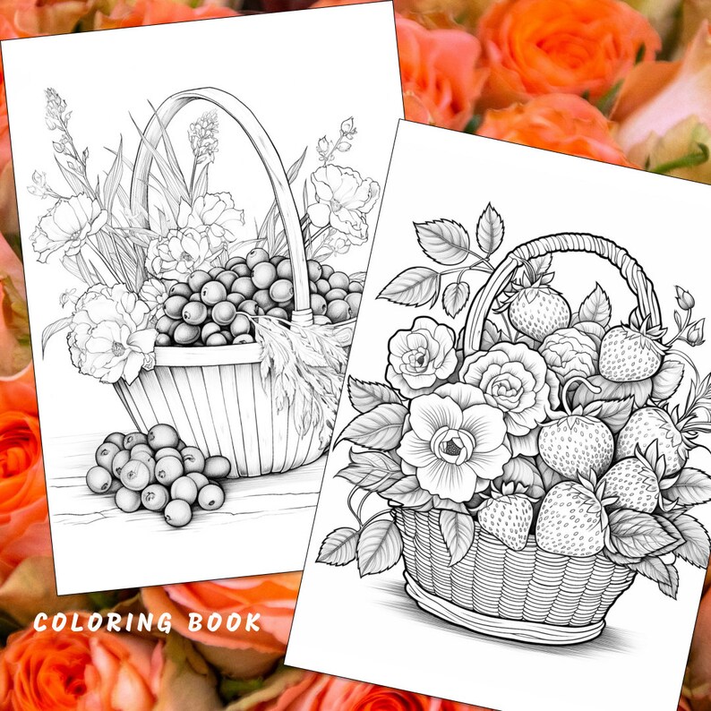 Puede incluir: Dos dibujos en blanco y negro de cestas llenas de frutas y flores. La primera cesta est&aacute; llena de bayas y flores. La segunda cesta est&aacute; llena de fresas y rosas. Ambas cestas tienen un dise&ntilde;o tejido.