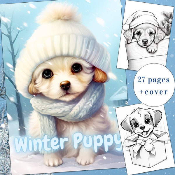 27 Winter Puppy Kleurplaat, Schattige Puppy Kleurboek, Volwassenen + kinderen Instant Download, Kerst Puppy Kleurplaat, Afdrukbare PDF