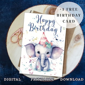 Cartão de aniversário de elefante, cartão de feliz aniversário, cartão de aniversário digital, cartão de aniversário minimalista, cartão de aniversário de animal, download instantâneo, A6