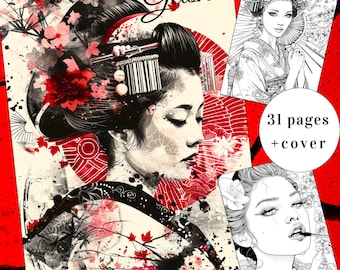 31 geisha kleurplaat, kleurboek Japanse kunst, kawaii kleurboek Japanse cultuur kleurplaat voor volwassenen + kinderen, afdrukbare kunst-pdf