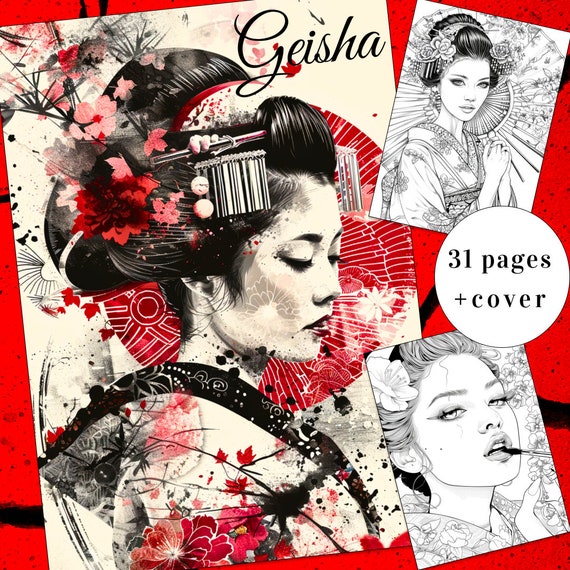 31 Geisha Coloring Page, Japanese Art Coloring Book, Kawaii