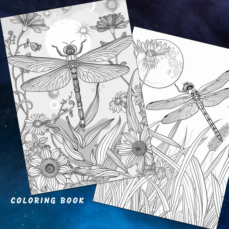 May include: Two black and white coloring pages featuring dragonflies and flowers. The first page shows a dragonfly flying over a field of flowers with a full moon in the background. The second page shows a dragonfly flying over a field of tall grass with a full moon in the background. The text "COLORING BOOK" is at the bottom of the first page.