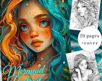29 Mermaid Portrait Coloring Page, Mermaid Coloring Book, Ocean Coloring Book, Adults + kids Instant Download, Mermaid, Lady, Printable PDF