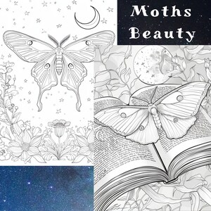 May include: A black and white illustration of a moth with intricate wings, surrounded by stars and a crescent moon. The text "Moths Beauty" is written in a decorative font above the moth.