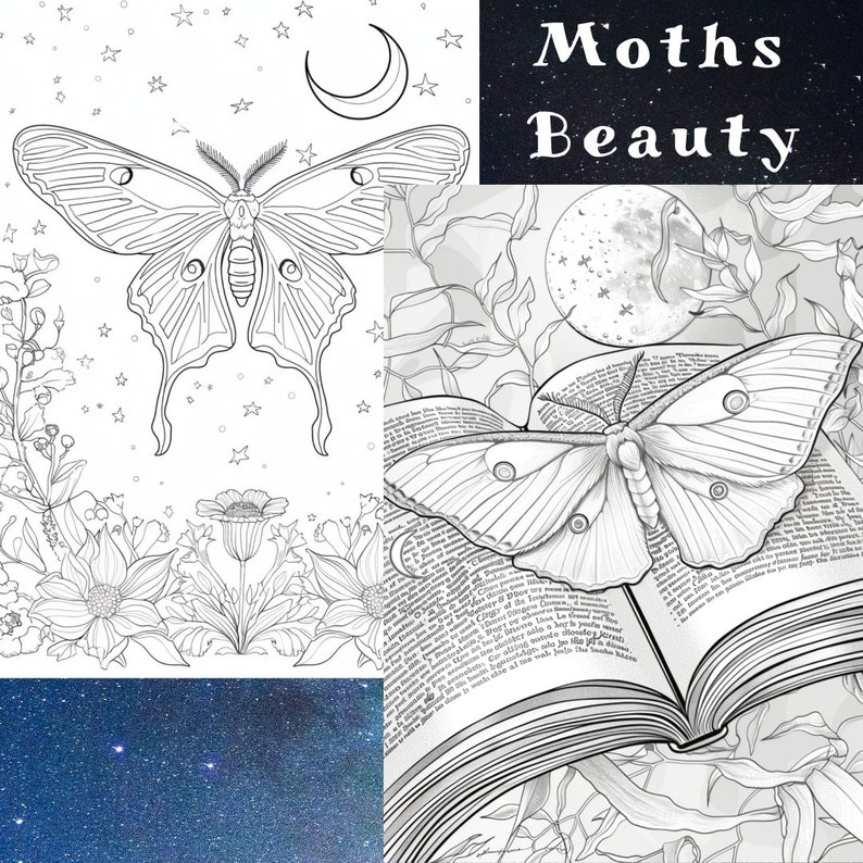 May include: A black and white illustration of a moth with intricate wings, surrounded by stars and a crescent moon. The text "Moths Beauty" is written in a decorative font above the moth.