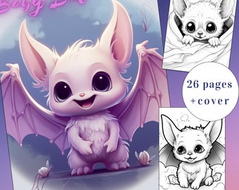 26 Cute Baby Bat Coloring Page, Cute Coloring, Adults + kids- Instant Download, Bat Coloring Page, Cute Animals Coloring Book, Printable PDF