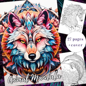 27 Mandala Coloring Pages, Mandala Coloring book, Adults + Kids, Animal Mandala, Digital Coloring Book, Animals, Instant Download, A4, PDF