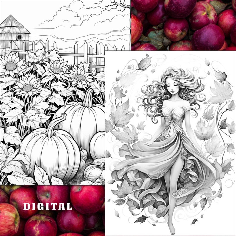 May include: A black and white illustration of a woman with long flowing hair, wearing a flowing dress, surrounded by leaves. The word "DIGITAL" is printed in red at the bottom of the image.