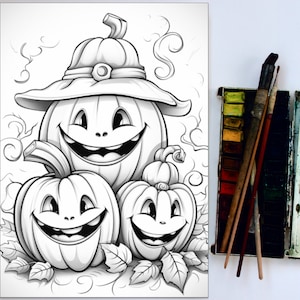May include: Black and white line art illustration of three smiling pumpkins. The largest pumpkin is wearing a witch's hat. The pumpkins are surrounded by leaves.