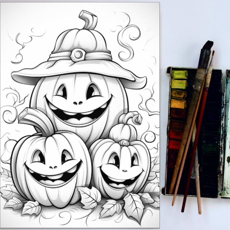 May include: Black and white line art illustration of three smiling pumpkins. The largest pumpkin is wearing a witch's hat. The pumpkins are surrounded by leaves.