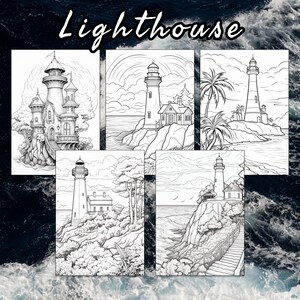May include: Five black and white line drawings of lighthouses. Each lighthouse is on a rocky cliff overlooking the ocean. The lighthouses are different styles and have different details. The drawings are perfect for coloring.