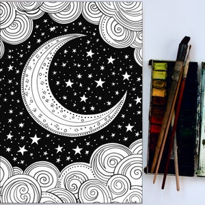 May include: Black and white illustration of a crescent moon with stars and clouds. The moon is detailed with a swirling pattern.