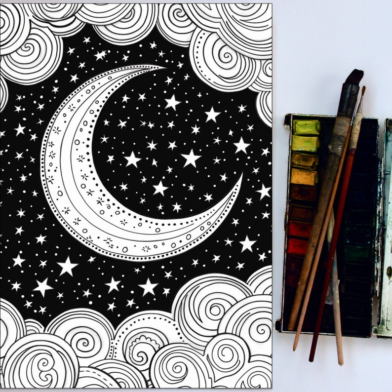 May include: Black and white illustration of a crescent moon with stars and clouds. The moon is detailed with a swirling pattern.