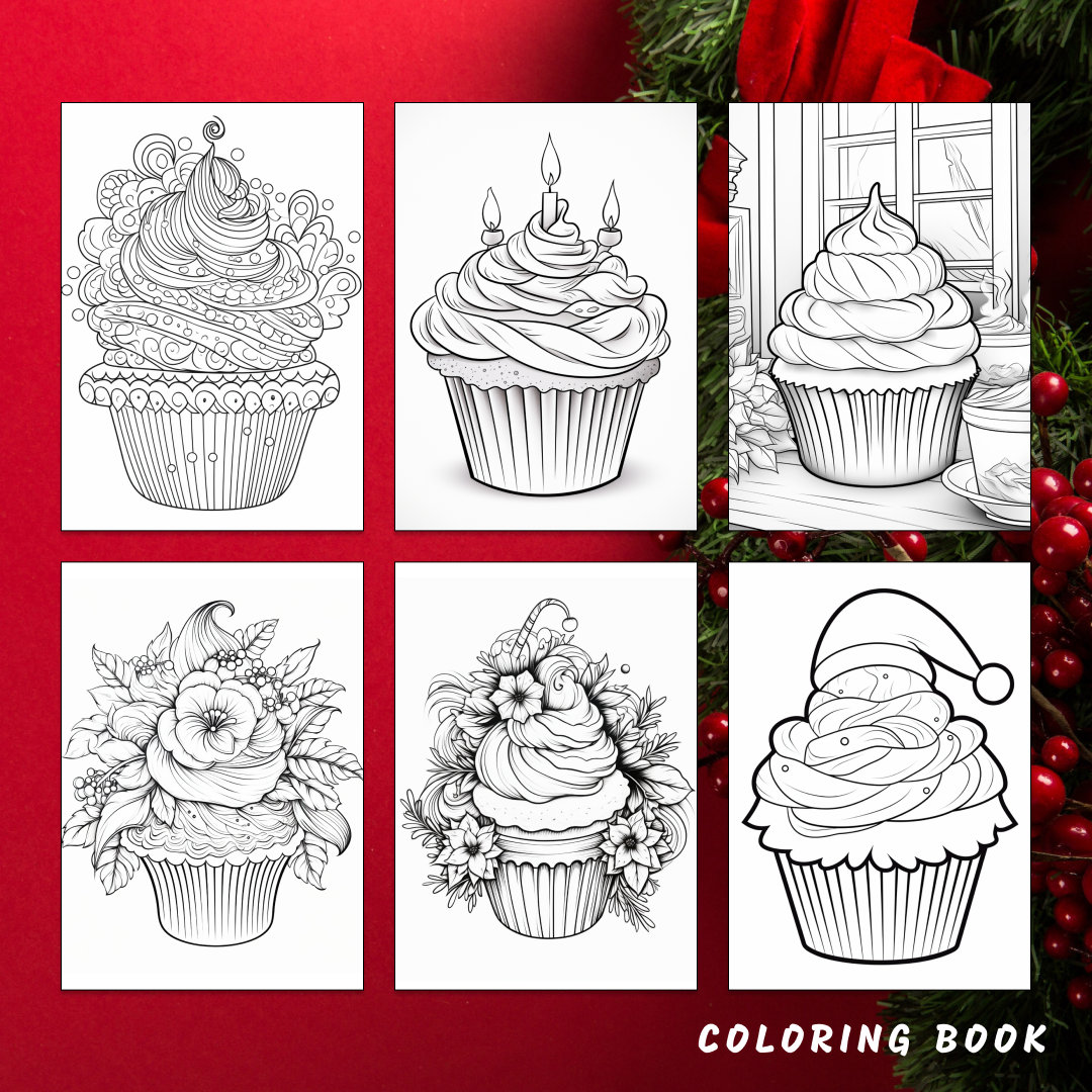 30 Christmas Cupcakes Coloring Page, Christmas Coloring,dessert