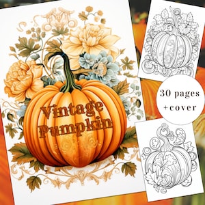 30 Autumn Vintage Pumpkins Coloring Page, Autumn Coloring Book, Vintage Coloring Book, Adults + kids Instant Download, Printable PDF