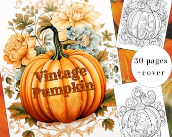 30 Autumn Vintage Pumpkins Coloring Page, Autumn Coloring Book, Vintage Coloring Book, Adults + kids Instant Download, Printable PDF