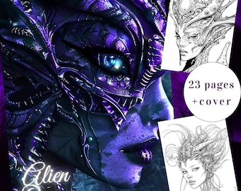 May include: A coloring book cover featuring a detailed illustration of an alien queen with purple and blue skin, intricate metallic details, and a single blue eye. The text "Alien Queen" is visible at the bottom of the image. The cover also includes the text "23 pages + cover".