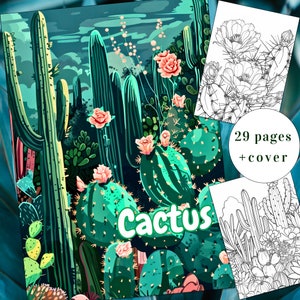 29 Cactus Coloring Page, Succulent Coloring Book, Grayscale Coloring Book, Cactuses Coloring, Adults + kids Instant Download, Printable PDF