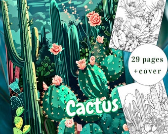 29 Página para colorir de cactos, livro para colorir suculentas, livro para colorir em tons de cinza, cactos para colorir, adultos + crianças Download instantâneo, PDF para impressão