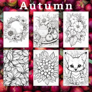 May include: Six black and white coloring pages with an autumn theme. The pages feature a wreath of flowers, a teapot with flowers, a bouquet of flowers, a fox, a flower, and a pattern of leaves.
