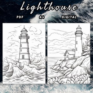 May include: A black and white line drawing of a lighthouse on a rocky cliff with waves crashing against the shore. The lighthouse has a tall tower with a small house at the base. The drawing is in a simple style, with minimal detail.