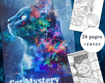 May include: A coloring book cover featuring a colorful abstract cat with a blue background. The title of the book is "Cat Mystery" and the text "28 pages + cover" is also visible.