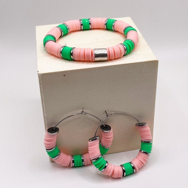 Pink and Green Heishi Bead Necklace | Pink and Green Hoop Earrings | Pink and Green Jewelry