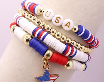 Red White Blue Heishi Beaded Bracelet Stack | USA Charm Bracelet