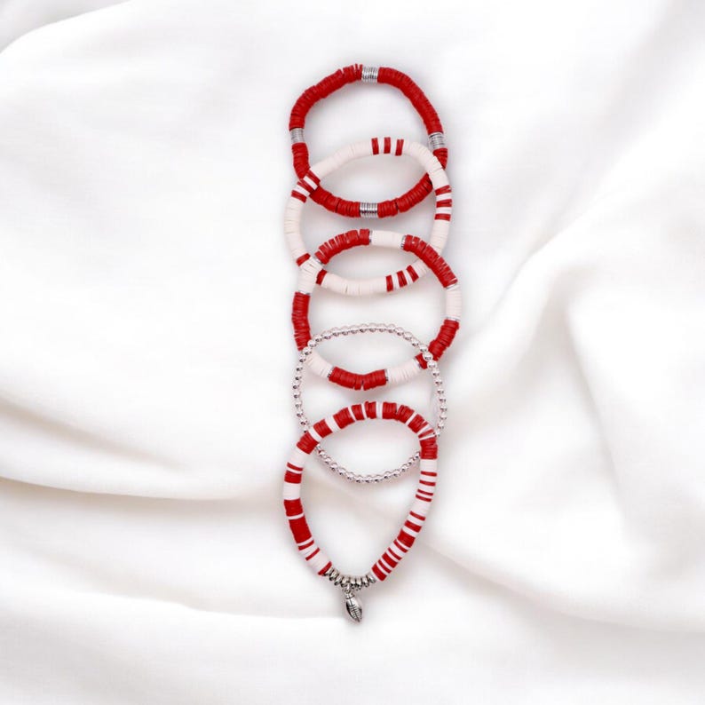 Dark Red and White Game Day Bracelet Stack | Polymer Clay, Sport Charm image 6