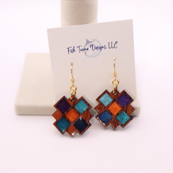Wood and Resin Geometric Earrings