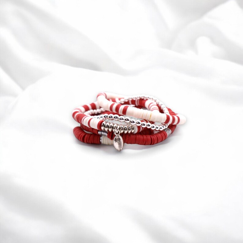 Dark Red and White Game Day Bracelet Stack | Polymer Clay, Sport Charm image 5