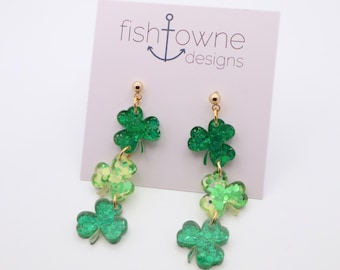 St. Patrick's Day Shamrock Acrylic Earrings | Green Glitter Dangles