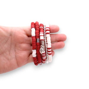 Dark Red and White Game Day Bracelet Stack | Polymer Clay, Sport Charm image 4