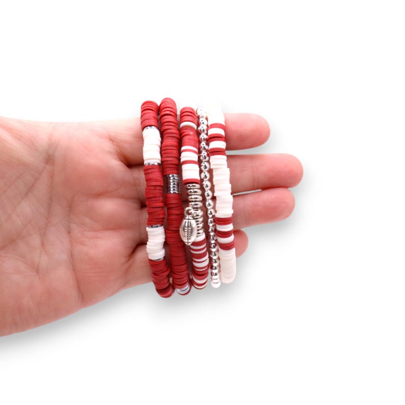 Dark Red and White Game Day Bracelet Stack | Polymer Clay, Sport Charm image 4