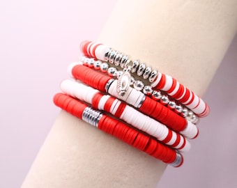 Pulsera roja y blanca apilable / Charm deportivo, joyería para el día del juego