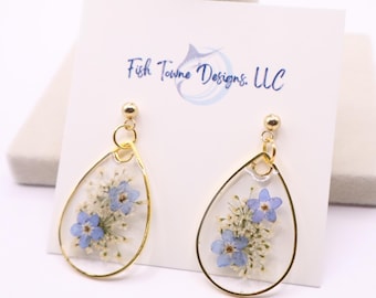 Blue Forget-Me-Not & Queen Anne's Lace Resin Teardrop Earrings | Remembrance Jewelry