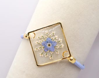 Real Pressed Forget-Me-Not Flower Bracelet, Resin Jewelry, Adjustable