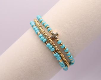 Conjunto de pulseras con cruz turquesa, pulseras de fe, pulseras de cuentas chapadas en oro de 18 quilates, regalo de joyería cristiana, conjunto de pulseras elásticas religiosas